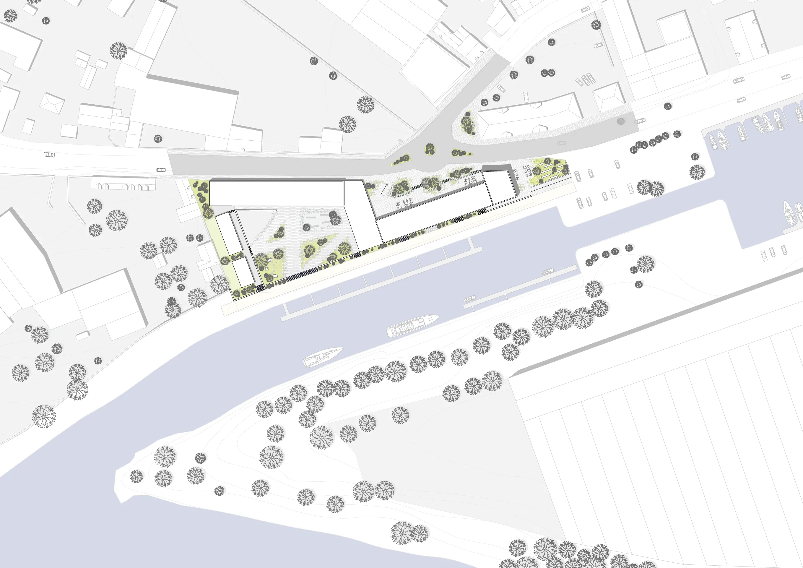 Le plan de masse : le bâtiment en S le long de la Vilaine