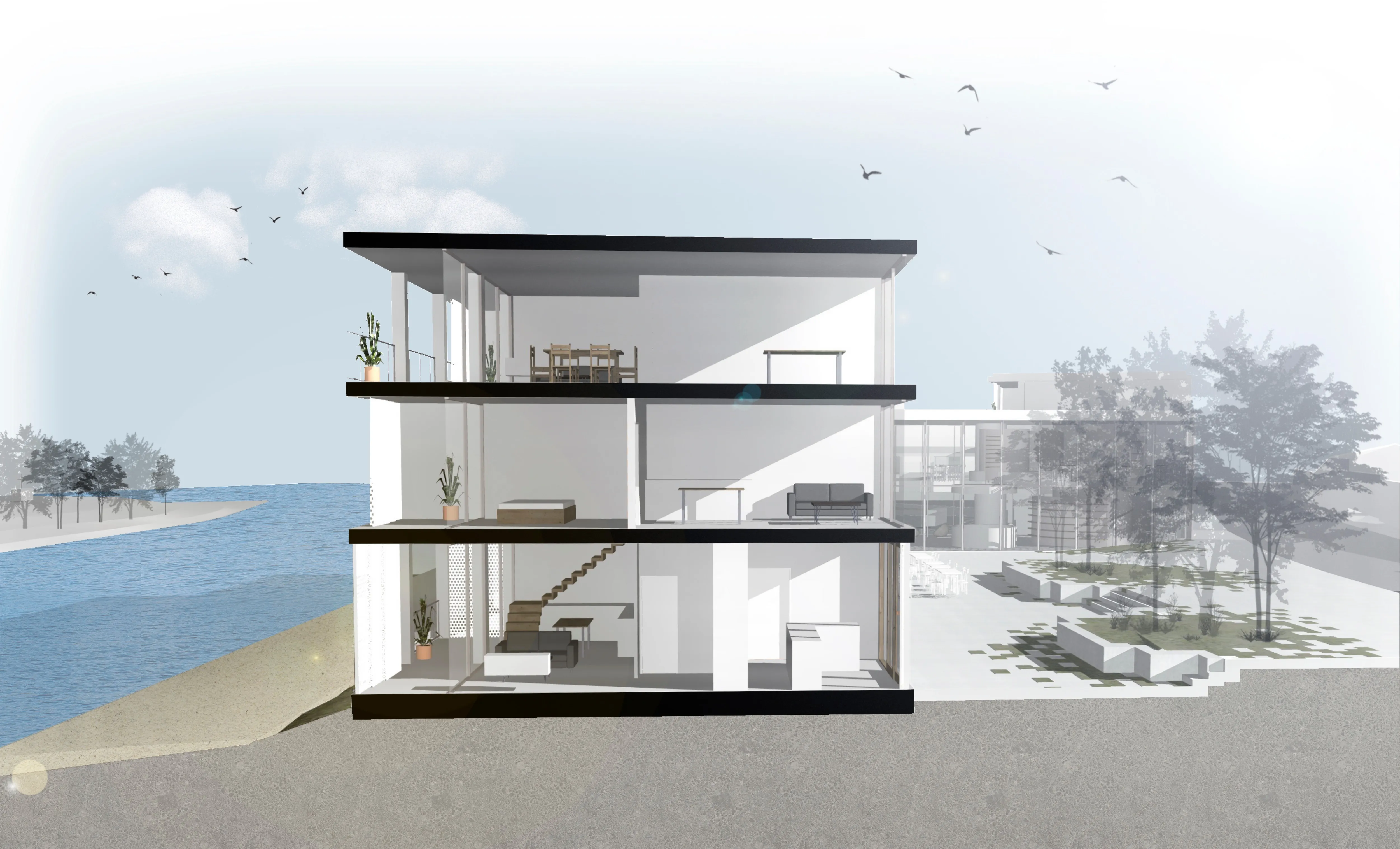 Coupe perspective sur un logement traversant