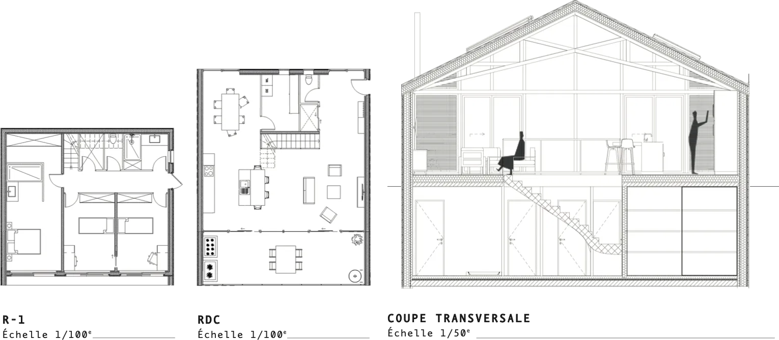 Plans et coupe transversale d'un logement