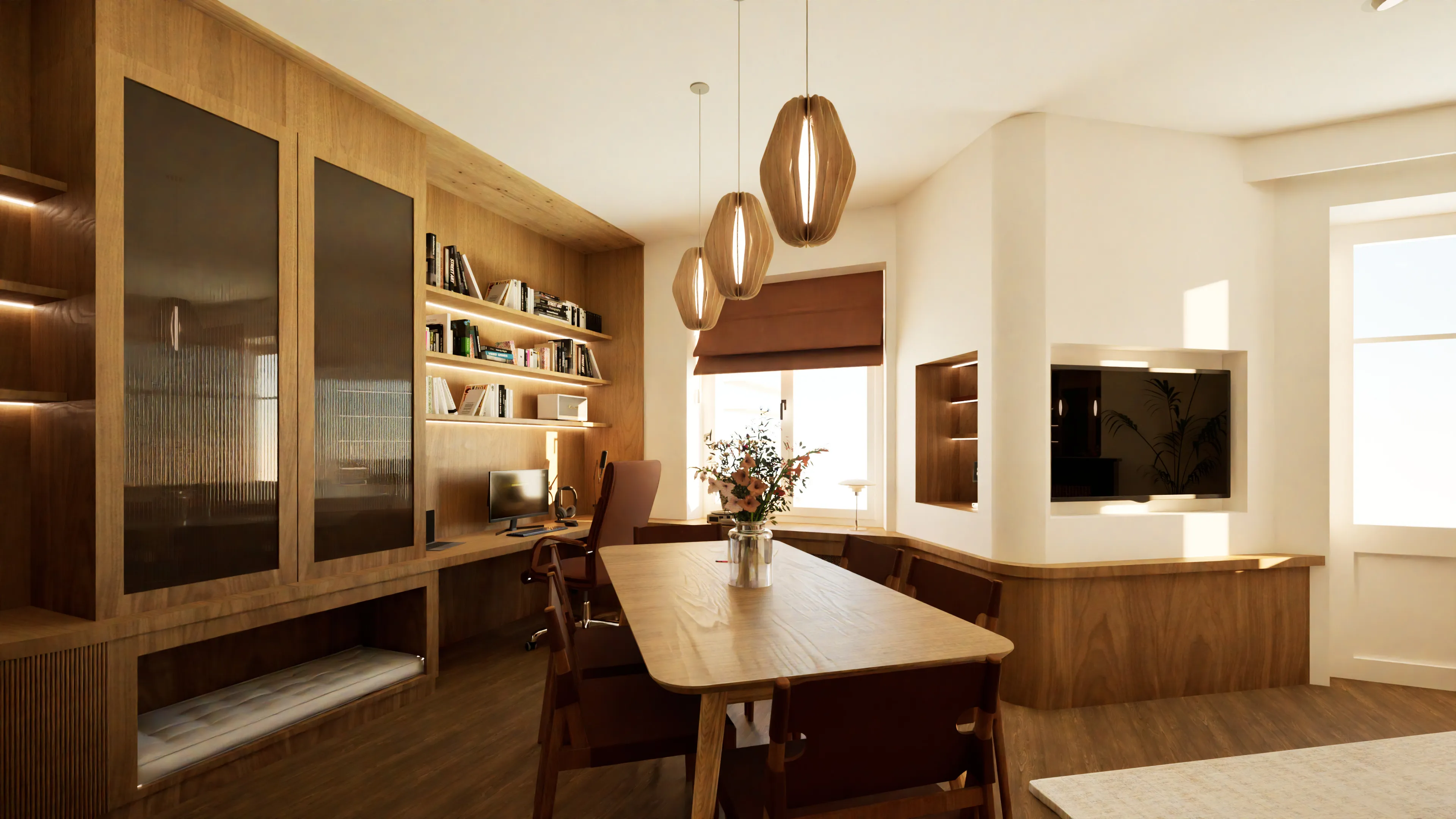 La salle à manger et le bureau, dans le mobilier sur mesure