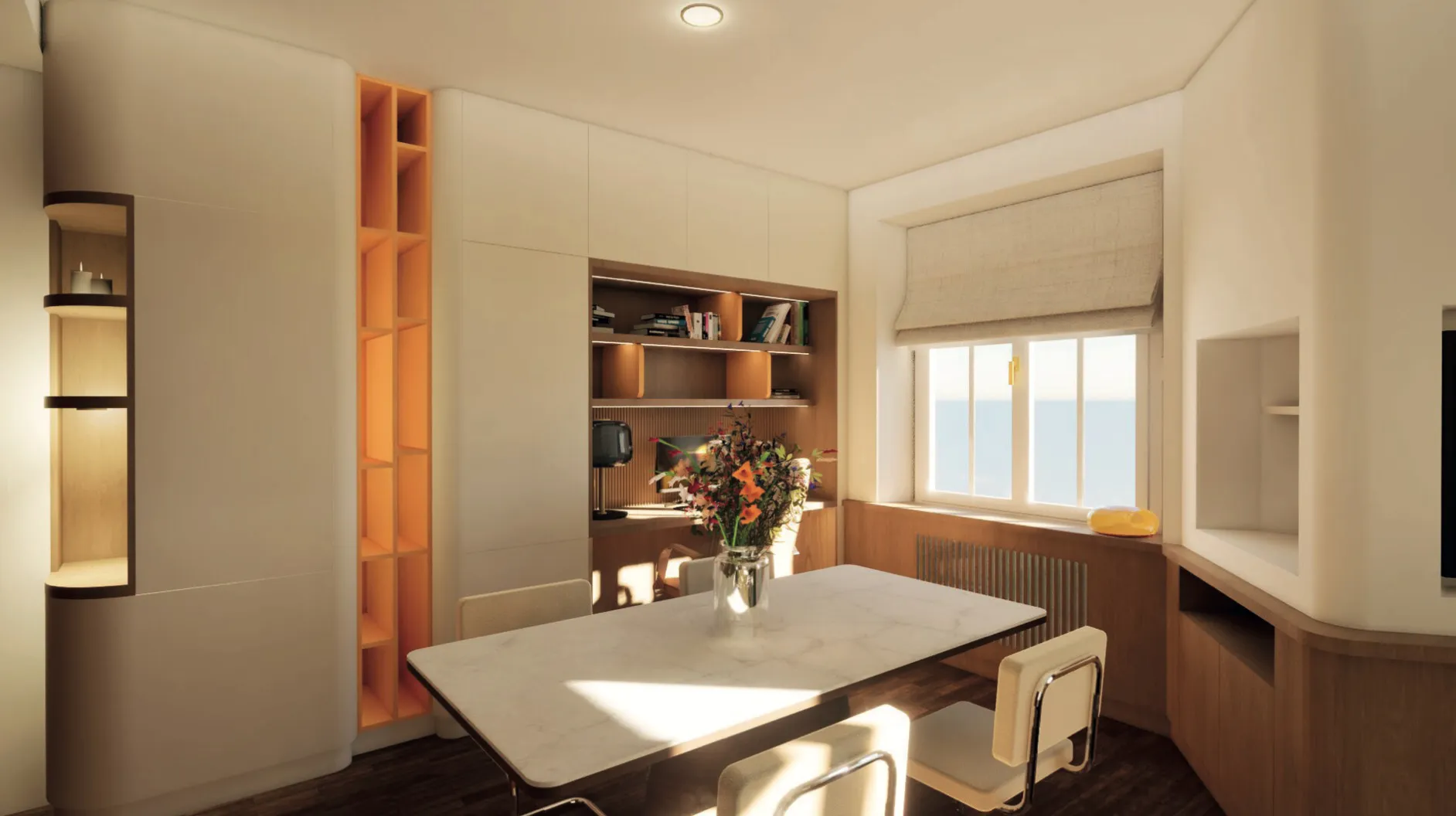 Rangement orange sur laque blanche